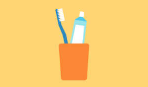 Drawing of a toothbrush and toothpaste in an orange cup against a yellow background