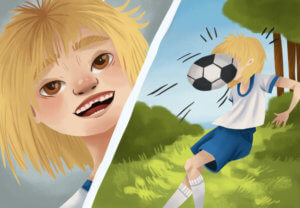 Cartoon image of a blonde girl without a sports mouthguard get hit in the face with a soccer ball, causing chipped front teeth