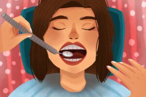 Cartoon of a lady at the dentist getting her teeth cleaned.