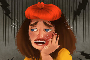Cartoon of a girl holding her cheek because of pain caused by an abscessed tooth.