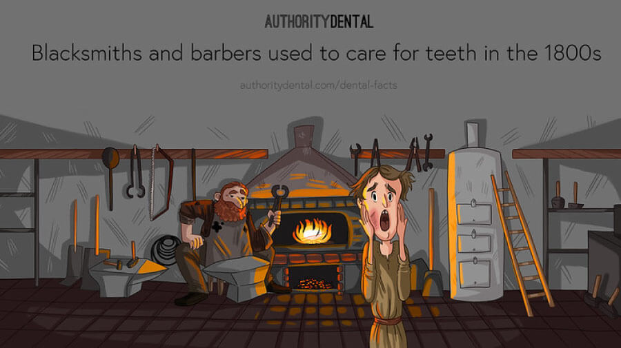 A cartoon in a pioneer blacksmith shop noting that blacksmiths and barbers cared for teeth.