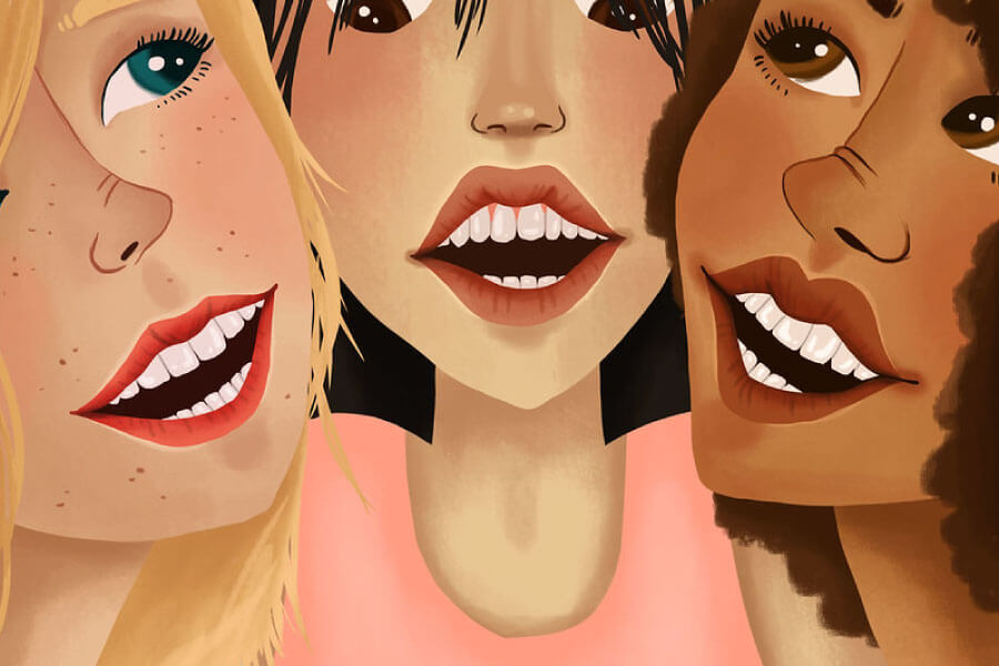Cartoon of three smiling women with veneers.